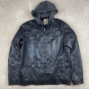 Men’s black leather hooded heavyweight jacket